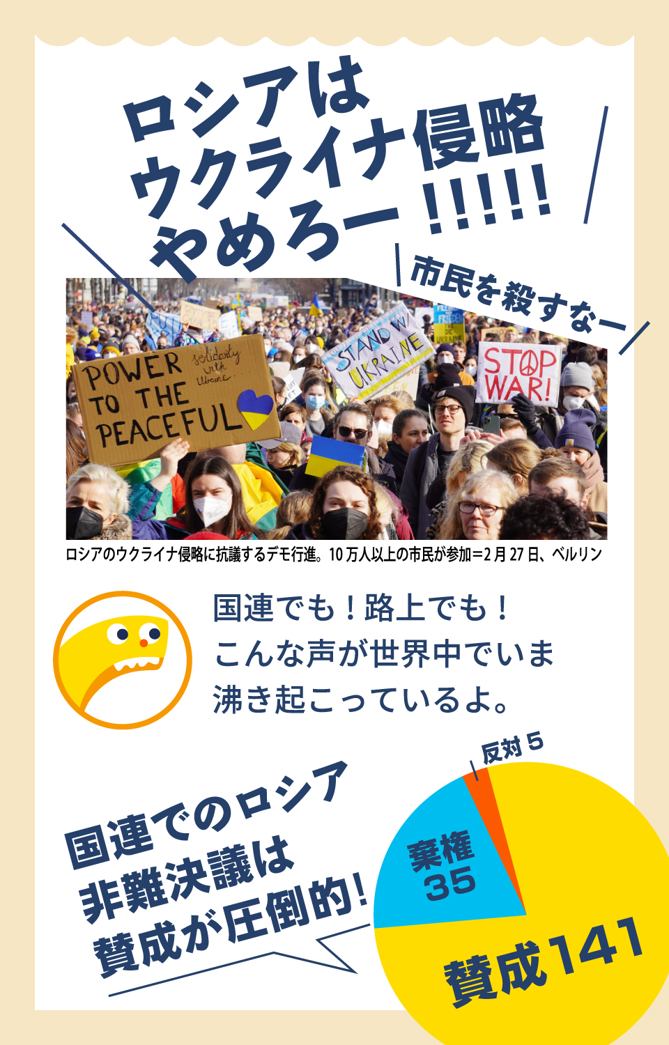 ロシアはウクライナ侵略やめろー!!!!!　国連でも!路上でも!こんな声が世界中でいま沸き起こっているよ。　国連でのロシア非難決議は賛成が圧倒的！