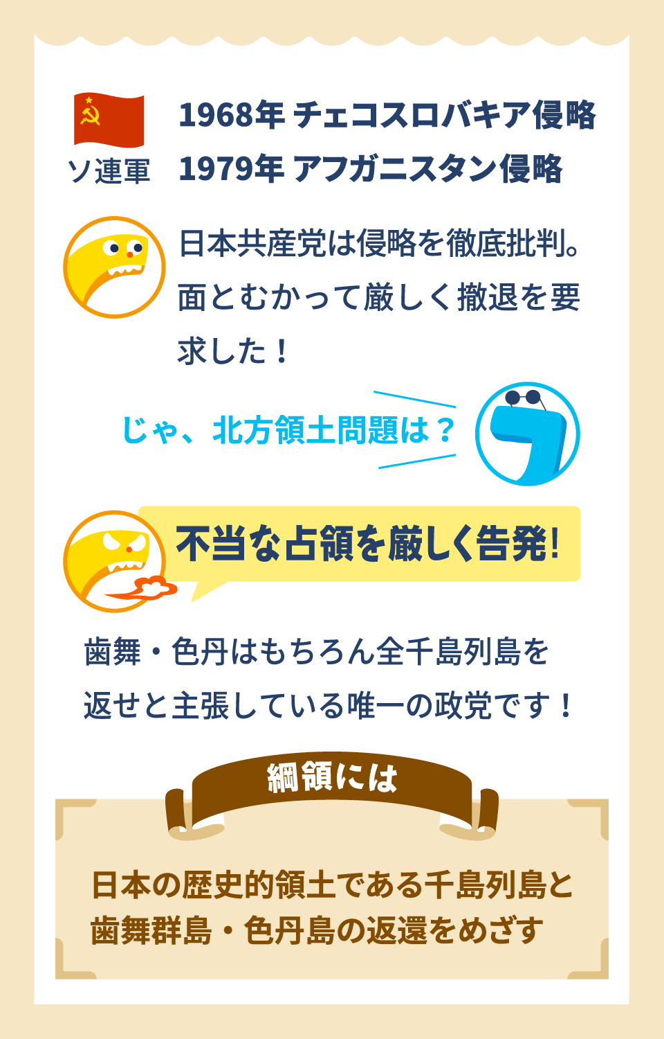 あれ？　日本共産党はロシア（旧ソ連）とお友だちだって聞いたことあるけど…　とーんでもない！　旧ソ連は60年代には党乗っ取りの干渉をしてきたんだ！　「日本のことは日本が決める。他国の指図は受けない」。日本共産党は、この干渉とまっこう対決。旧ソ連を謝罪においこみ、キッパリ打ち破りました。