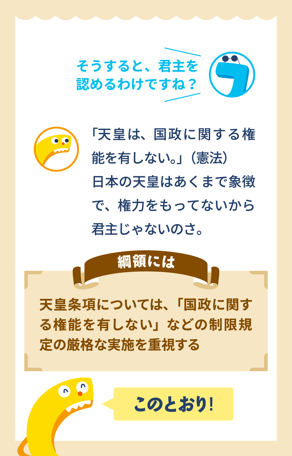 そうすると、君主を認めるわけですね？　「天皇は、国政に関する権能を有しない。」（憲法）日本の天皇はあくまで象徴で、権力をもってないから君主じゃないのさ。　綱領には天皇条項については、「国政に関する権能を有しない」などの制限規定の厳格な実施を重視する　このとおり！